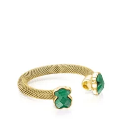 Anel aberto Mesh Color em Aço IP dourado e Malaquite