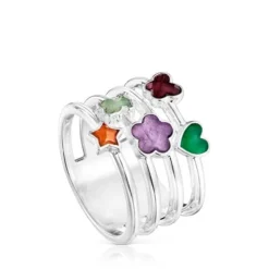 Anel largo em prata e pedras preciosas motivos Bold Motif