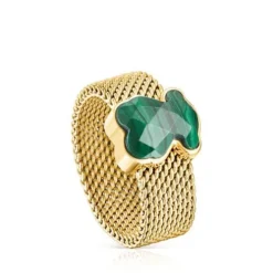 Anel Mesh Color em Aço IP dourado e Malaquite