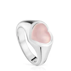 Anel selo coração em prata e calcedónia rosa Bold Motif