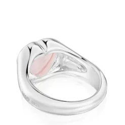 Anel selo coração em prata e calcedónia rosa Bold Motif