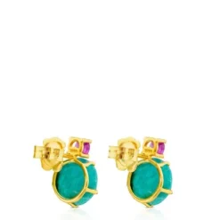 Brincos Ivette em Ouro com Amazonite e Rubi