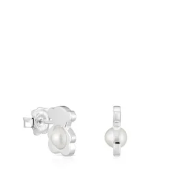 Brincos pequenos 12 mm urso em prata com pérolas cultivadas I-Bear