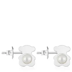 Brincos pequenos 12 mm urso em prata com pérolas cultivadas I-Bear