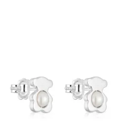 Brincos pequenos 12 mm urso em prata com pérolas cultivadas I-Bear
