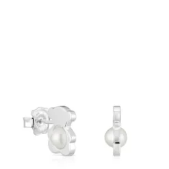 Brincos pequenos 12 mm urso em prata com pérolas cultivadas I-Bear