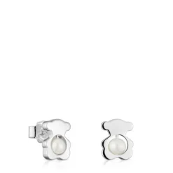 Brincos pequenos 10 mm urso em prata com pérolas cultivadas I-Bear