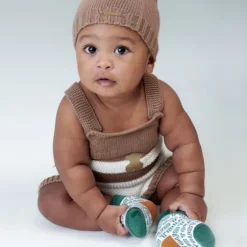 Macacão curto de malha de bebé Tricot às riscas bege