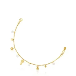 Pulseira corrente banhada a ouro de 18 K sobre prata, pérolas cultivadas e motivos TOUS Grain