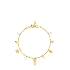 Pulseira corrente banhada a ouro de 18 K sobre prata, pérolas cultivadas e motivos TOUS Grain