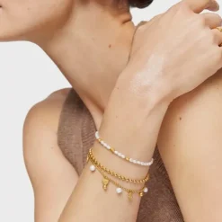 Pulseira corrente banhada a ouro de 18 K sobre prata, pérolas cultivadas e motivos TOUS Grain