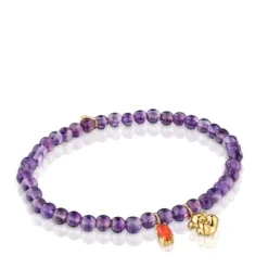 Pulseira elástica banhada a ouro sobre prata, ametista e cornalina Bold Bear