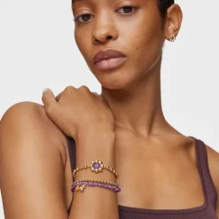Pulseira elástica banhada a ouro sobre prata, ametista e cornalina Bold Bear