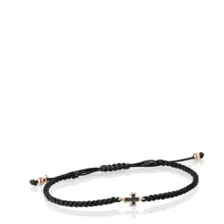 Pulseira Motif cruz em Prata Vermeil rosa com Espinélios e Cordão preto