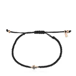 Pulseira Motif cruz em Prata Vermeil rosa com Espinélios e Cordão preto