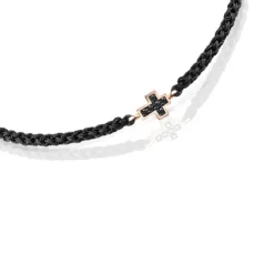 Pulseira Motif cruz em Prata Vermeil rosa com Espinélios e Cordão preto
