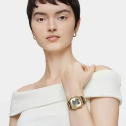 Relógio digital com bracelete em aço IPG dourado e zircónias D-BEAR