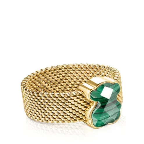 Anel Mesh Color em Aço IP dourado e Malaquite