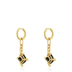Brincos de argola compridos banhados a ouro de 18 K sobre prata e ónix Color Black