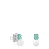 Brincos Mini Color em Prata com Amazonite e Pérola
