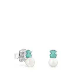 Brincos Mini Color em Prata com Amazonite e Pérola