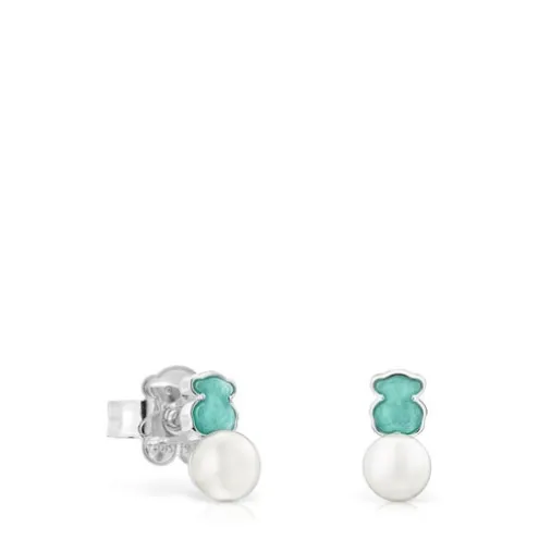 Brincos Mini Color em Prata com Amazonite e Pérola
