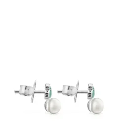 Brincos Mini Color em Prata com Amazonite e Pérola