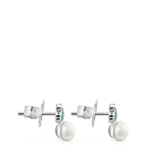 Brincos Mini Color em Prata com Amazonite e Pérola