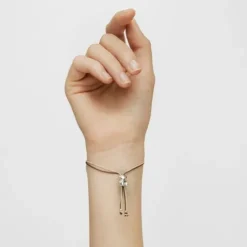 Pulseira de cordão castanho e bege com urso em prata Bold Bear