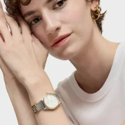 Relógio analógico com bracelete em aço SS, aço IPG dourado e mostrador em madrepérola Epic Icon Mesh