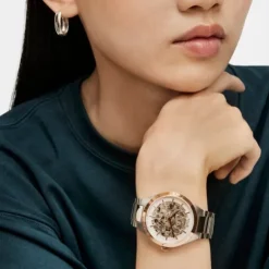Relógio analógico em aço IPRG rosa e bracelete em aço Karat Round